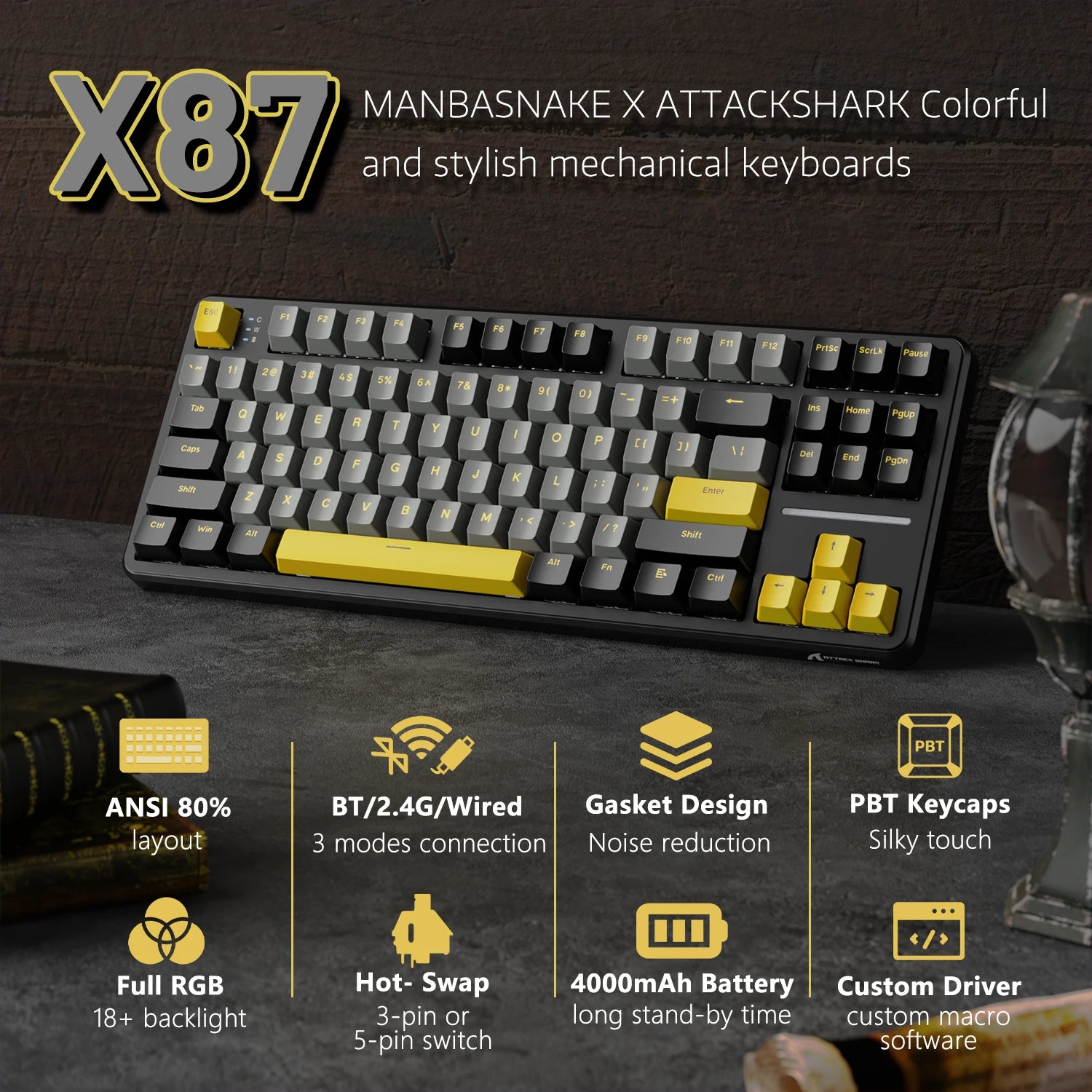 ATTACK SHARK X87 Wireless Mechanical Gaming Keyboard